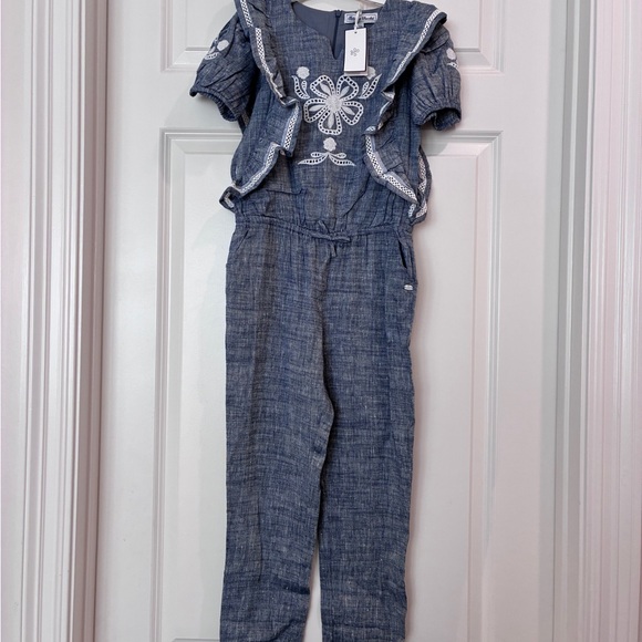 Tartine et Chocolat Other - Tartine et Chocolat Linen‎ Denim Jumpsuit with White Embroidery